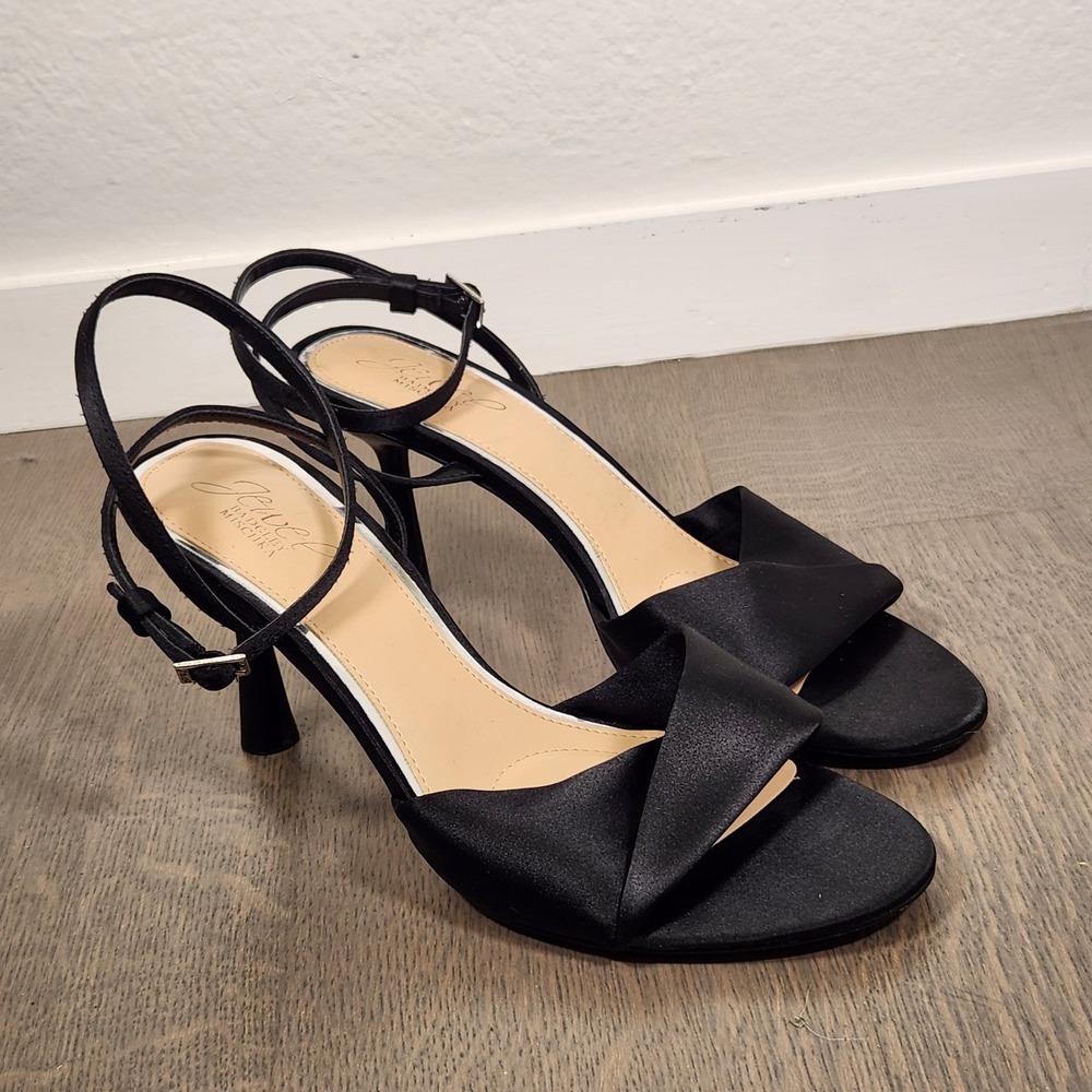 Jewel Badgley Mischka Odina Black Satin Heeled Sandals Ankle Strap Shoes 8.5